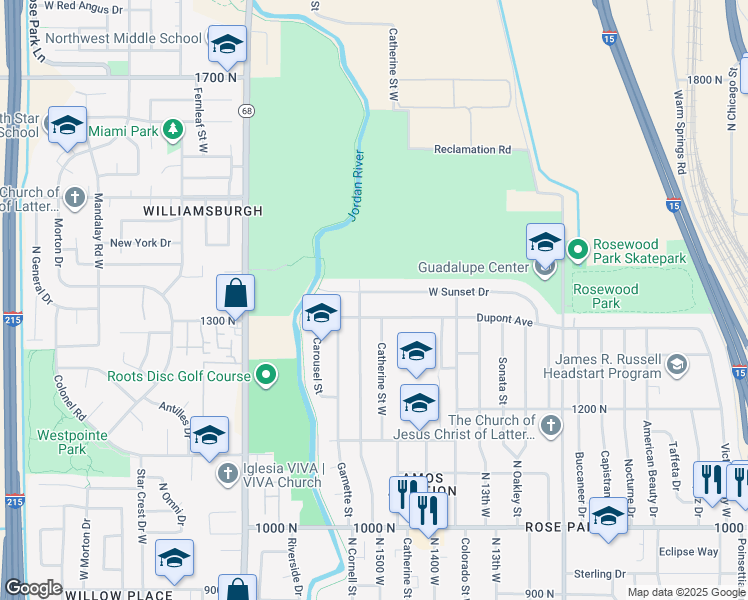 map of restaurants, bars, coffee shops, grocery stores, and more near 1431 West Sunset Drive in Salt Lake City