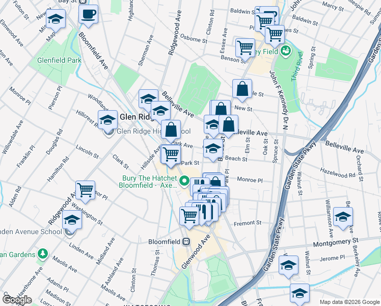 map of restaurants, bars, coffee shops, grocery stores, and more near 38 Park Avenue in Bloomfield