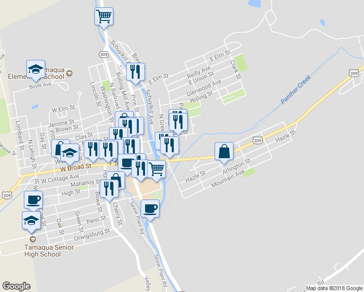 map of restaurants, bars, coffee shops, grocery stores, and more near 27 Market Street in Tamaqua