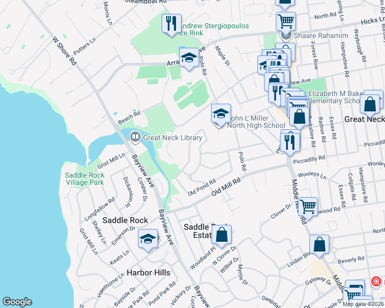 map of restaurants, bars, coffee shops, grocery stores, and more near 71 Old Pond Road in Great Neck