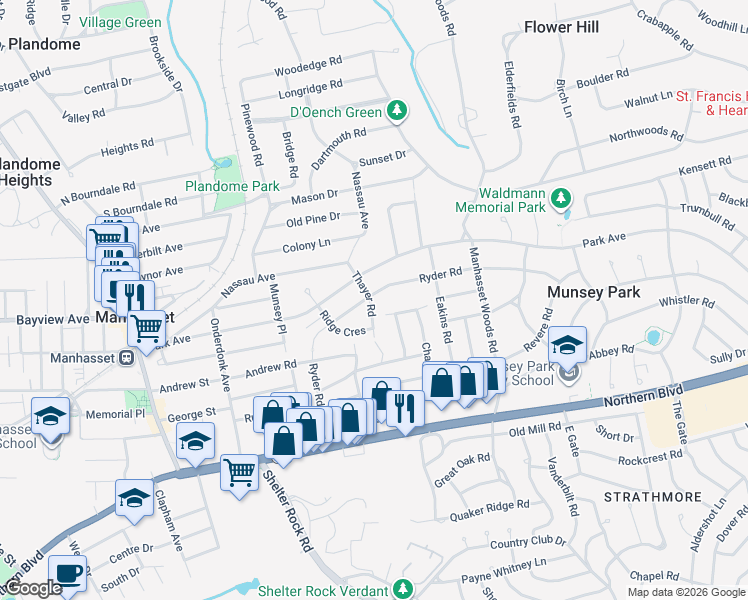 map of restaurants, bars, coffee shops, grocery stores, and more near 228 Ryder Road in Manhasset