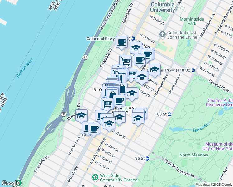 map of restaurants, bars, coffee shops, grocery stores, and more near Broadway & W 102nd St in New York