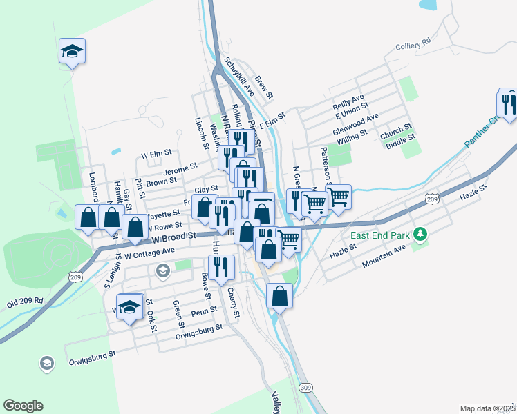 map of restaurants, bars, coffee shops, grocery stores, and more near 44 Mauch Chunk Street in Tamaqua