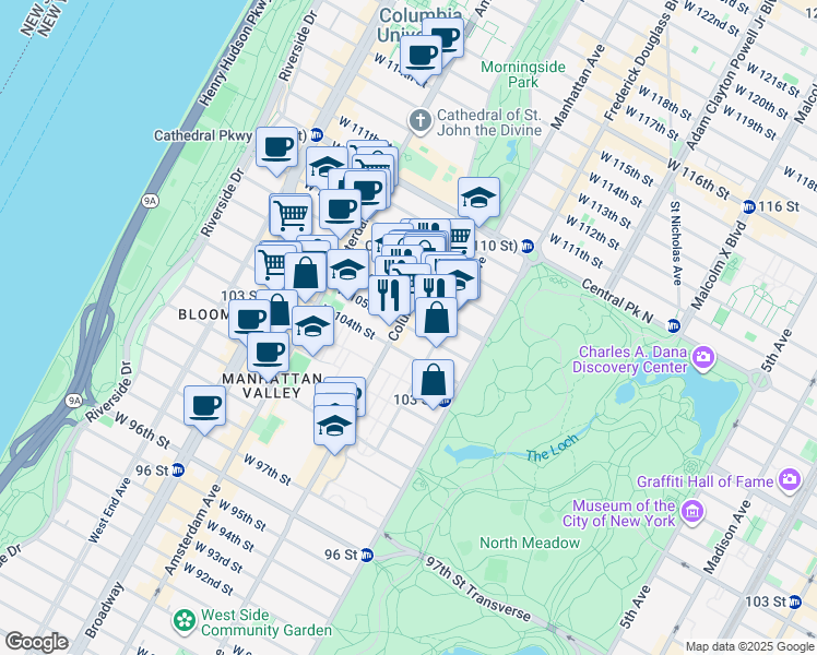 map of restaurants, bars, coffee shops, grocery stores, and more near 75 West 105th Street in New York