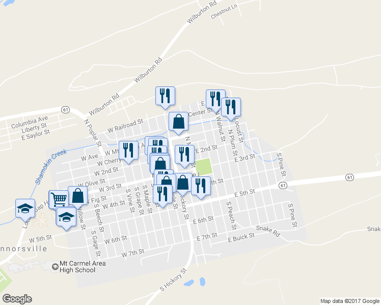 map of restaurants, bars, coffee shops, grocery stores, and more near 164 East 2nd Street in Mount Carmel
