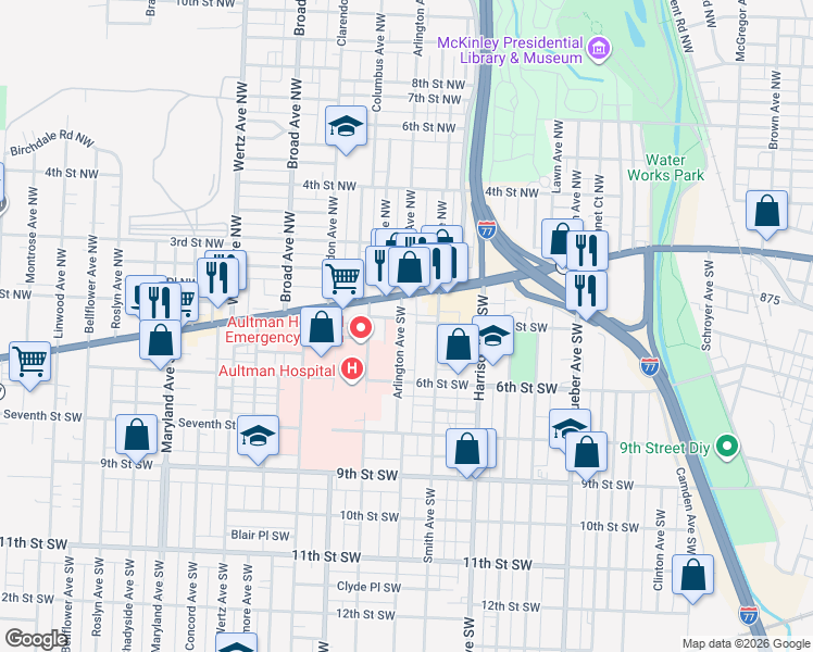 map of restaurants, bars, coffee shops, grocery stores, and more near 202 Arlington Avenue Southwest in Canton
