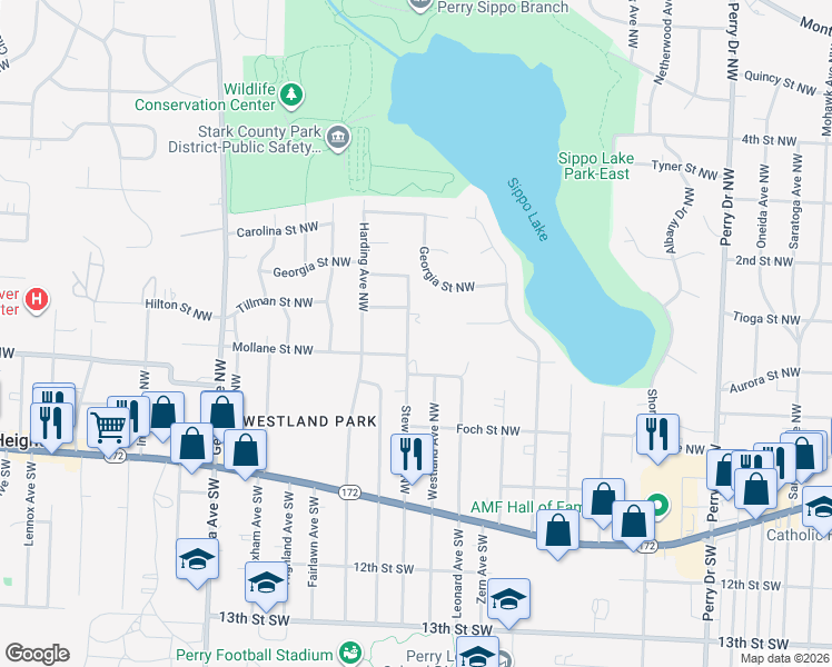 map of restaurants, bars, coffee shops, grocery stores, and more near 444 Stewart Avenue Northwest in Massillon
