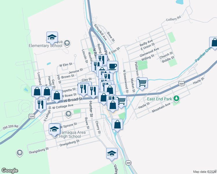 map of restaurants, bars, coffee shops, grocery stores, and more near 41 North Railroad Street in Tamaqua