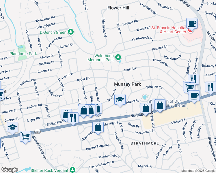 map of restaurants, bars, coffee shops, grocery stores, and more near 84 Abbey Road in Manhasset