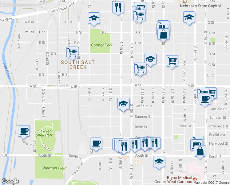map of restaurants, bars, coffee shops, grocery stores, and more near 818 Washington Street in Lincoln