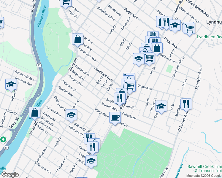 map of restaurants, bars, coffee shops, grocery stores, and more near 18 Brandenburg Place in North Arlington