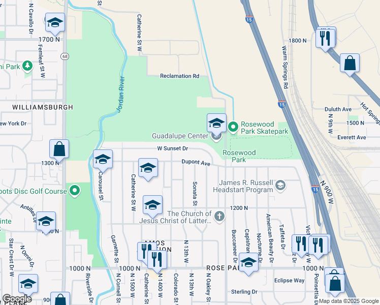 map of restaurants, bars, coffee shops, grocery stores, and more near 1297 West Sunset Drive in Salt Lake City