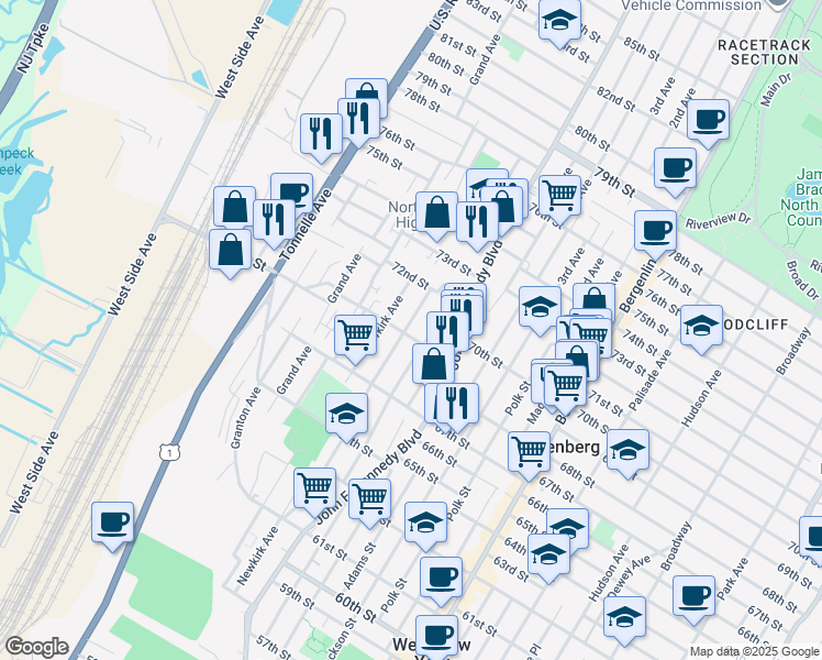 map of restaurants, bars, coffee shops, grocery stores, and more near 1306 70th Street in North Bergen