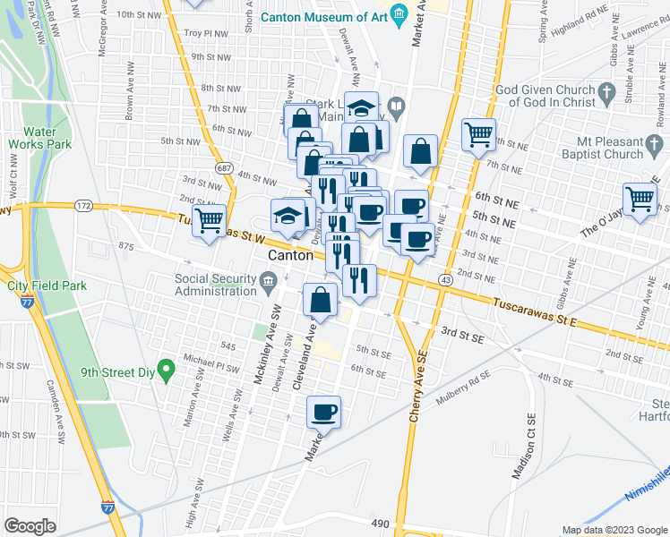 map of restaurants, bars, coffee shops, grocery stores, and more near 120 Cleveland Avenue Southwest in Canton