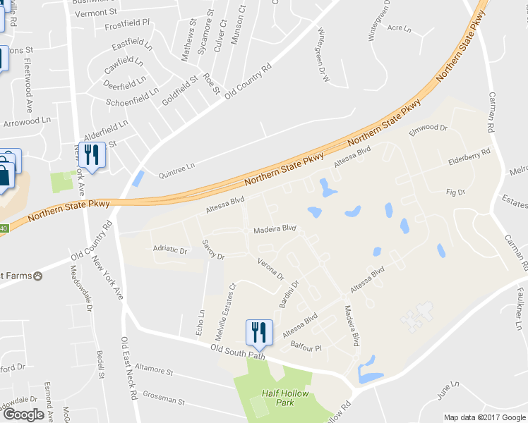 map of restaurants, bars, coffee shops, grocery stores, and more near 824 Portofino Pl in Melville