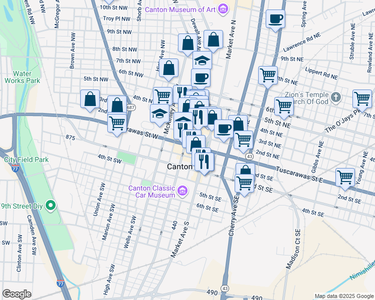 map of restaurants, bars, coffee shops, grocery stores, and more near 120 Cleveland Avenue Southwest in Canton