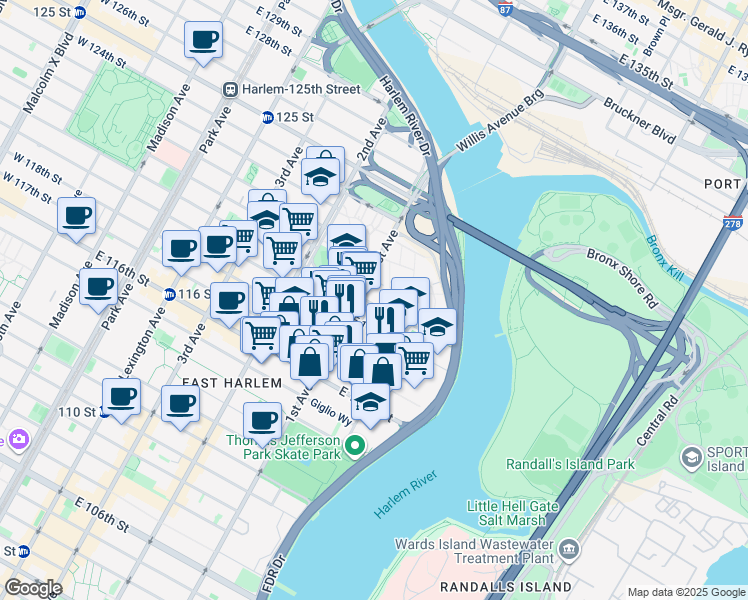 map of restaurants, bars, coffee shops, grocery stores, and more near 411 East 120th Street in New York
