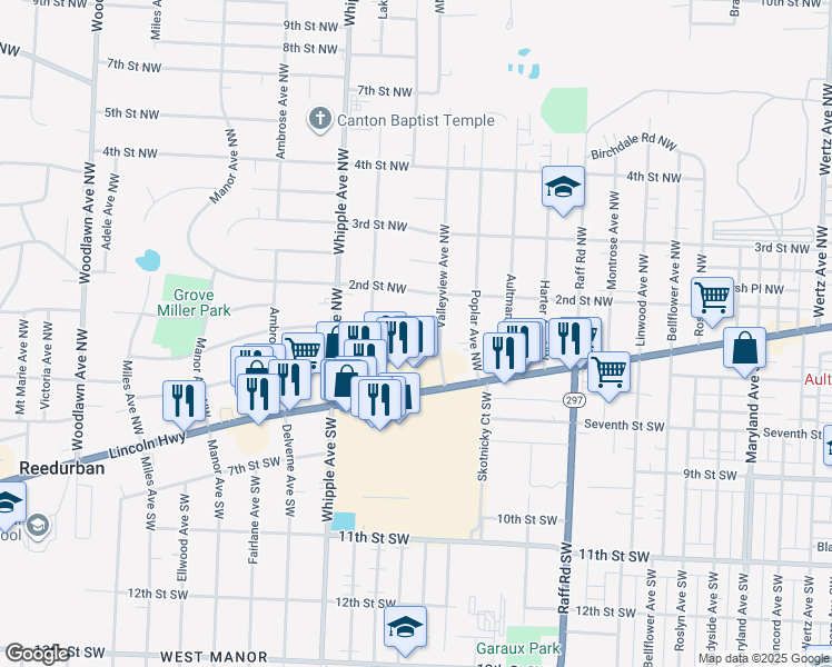 map of restaurants, bars, coffee shops, grocery stores, and more near 148 Hilltop Drive Northwest in Canton