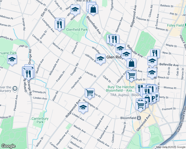 map of restaurants, bars, coffee shops, grocery stores, and more near 9 Lincoln Street in Glen Ridge