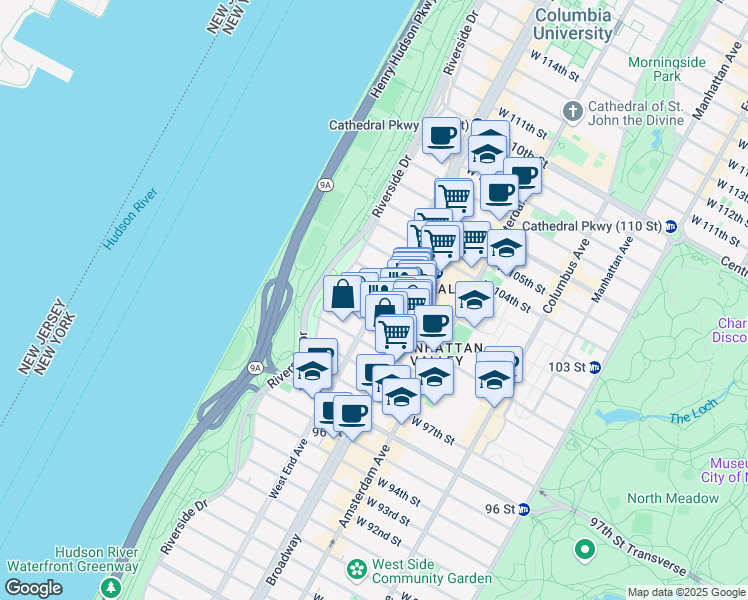map of restaurants, bars, coffee shops, grocery stores, and more near 839 West End Avenue in New York