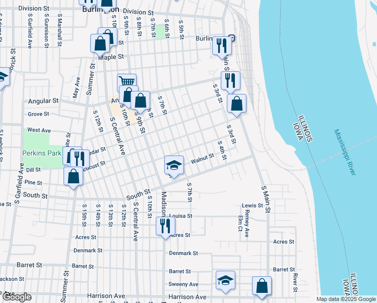 map of restaurants, bars, coffee shops, grocery stores, and more near 1001 South 6th Street in Burlington