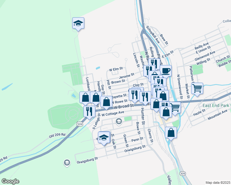map of restaurants, bars, coffee shops, grocery stores, and more near 253 Franklin Street in Tamaqua