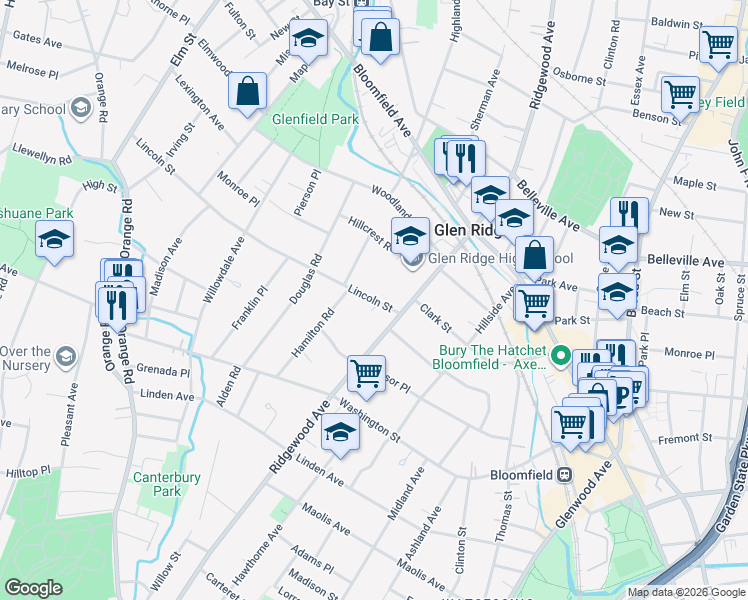 map of restaurants, bars, coffee shops, grocery stores, and more near 9 Lincoln Street in Glen Ridge