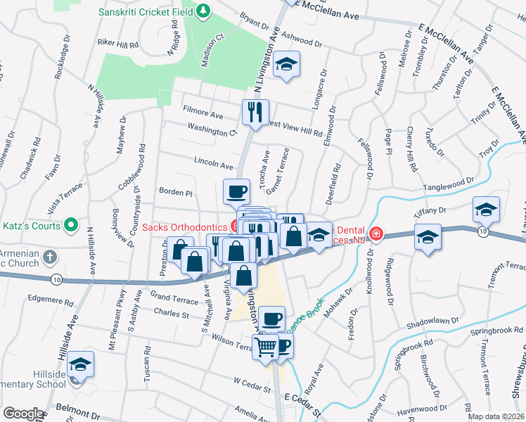 map of restaurants, bars, coffee shops, grocery stores, and more near 20 Carillon Circle in Livingston