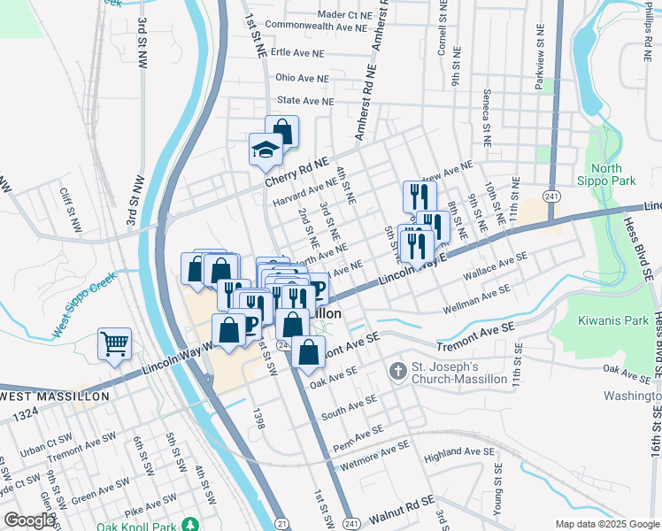 map of restaurants, bars, coffee shops, grocery stores, and more near 212 Federal Avenue Northeast in Massillon