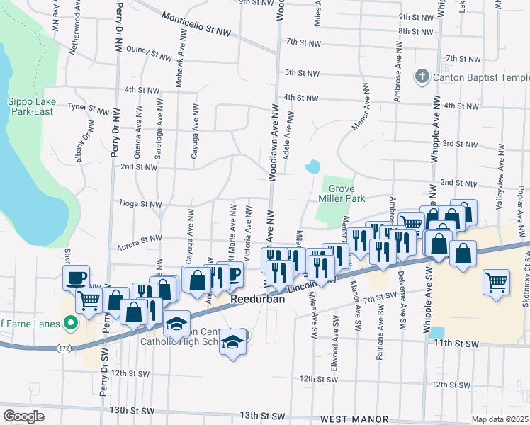 map of restaurants, bars, coffee shops, grocery stores, and more near 167 Woodlawn Avenue Northwest in Canton