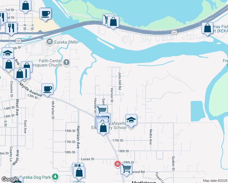 map of restaurants, bars, coffee shops, grocery stores, and more near 1236 John Hill Road in Eureka
