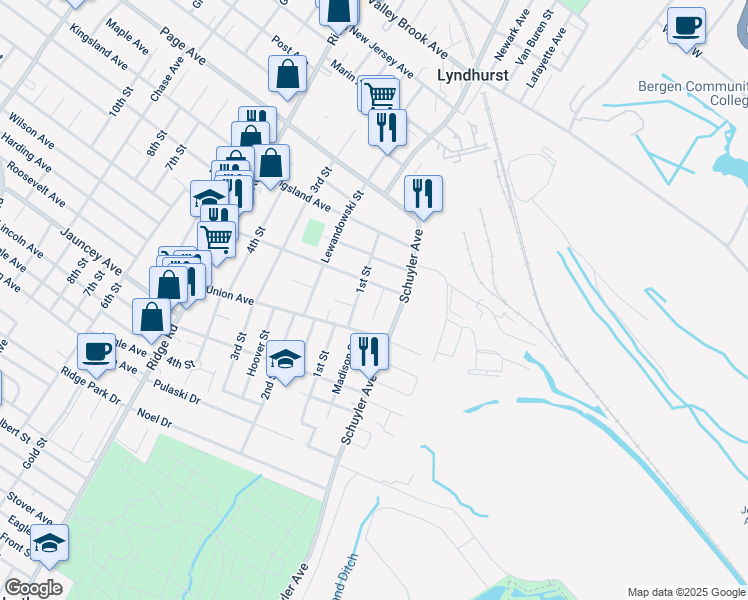 map of restaurants, bars, coffee shops, grocery stores, and more near 719 Olive Street in Lyndhurst