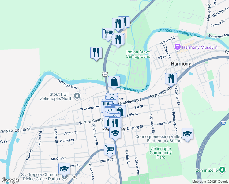 map of restaurants, bars, coffee shops, grocery stores, and more near 300 North Main Street in Zelienople