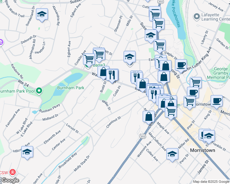 map of restaurants, bars, coffee shops, grocery stores, and more near 17 Cobb Place in Morristown