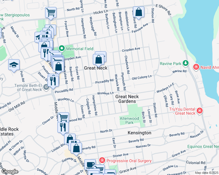 map of restaurants, bars, coffee shops, grocery stores, and more near 36 Devon Road in Great Neck
