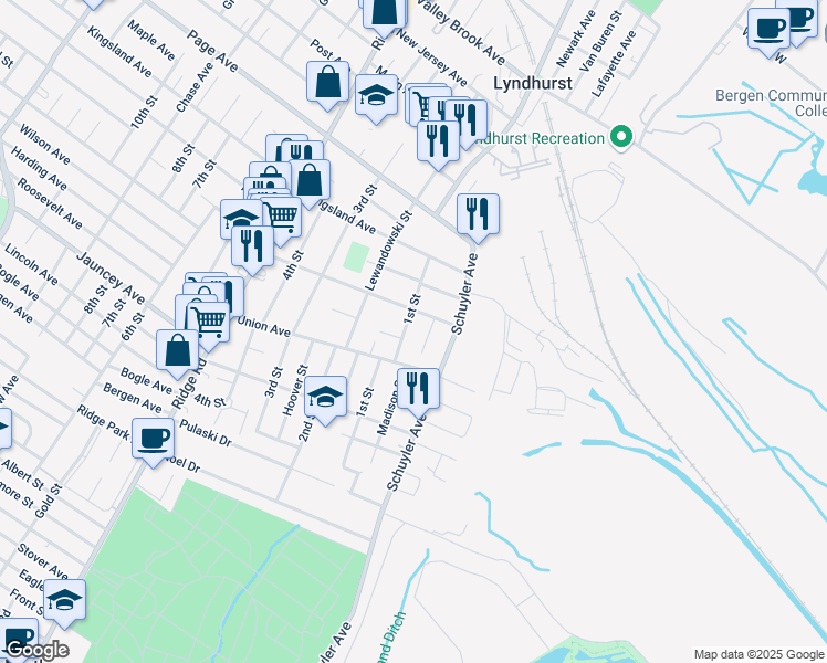 map of restaurants, bars, coffee shops, grocery stores, and more near 719 Olive Street in Lyndhurst