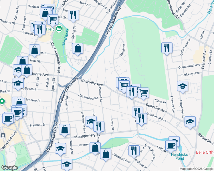 map of restaurants, bars, coffee shops, grocery stores, and more near 5 Woodland Road in Bloomfield