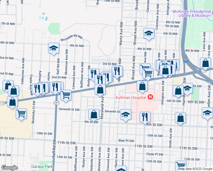 map of restaurants, bars, coffee shops, grocery stores, and more near 3107 Tuscarawas St W in Canton