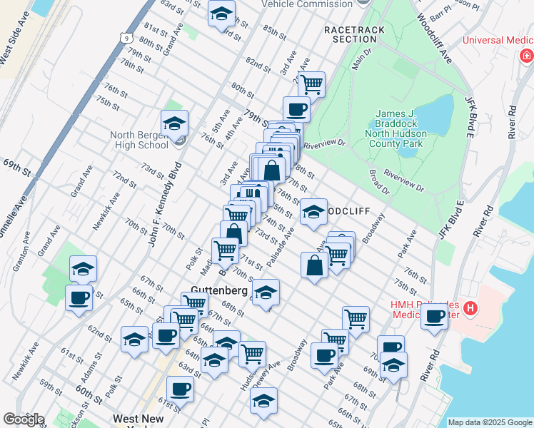 map of restaurants, bars, coffee shops, grocery stores, and more near 432 74th Street in North Bergen