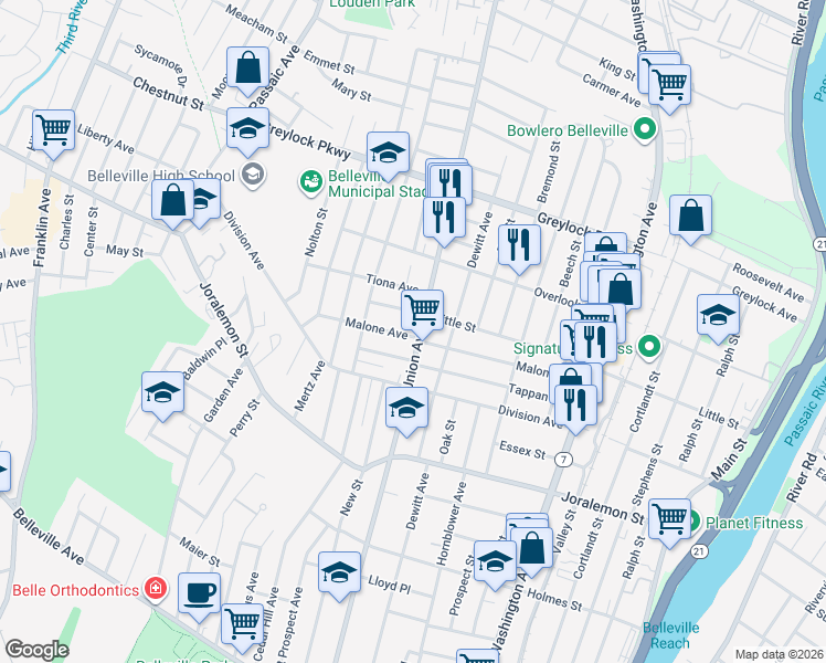 map of restaurants, bars, coffee shops, grocery stores, and more near 429 Union Avenue in Belleville