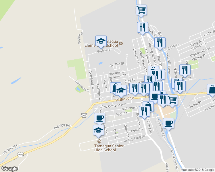 map of restaurants, bars, coffee shops, grocery stores, and more near 121 Gay St in Tamaqua