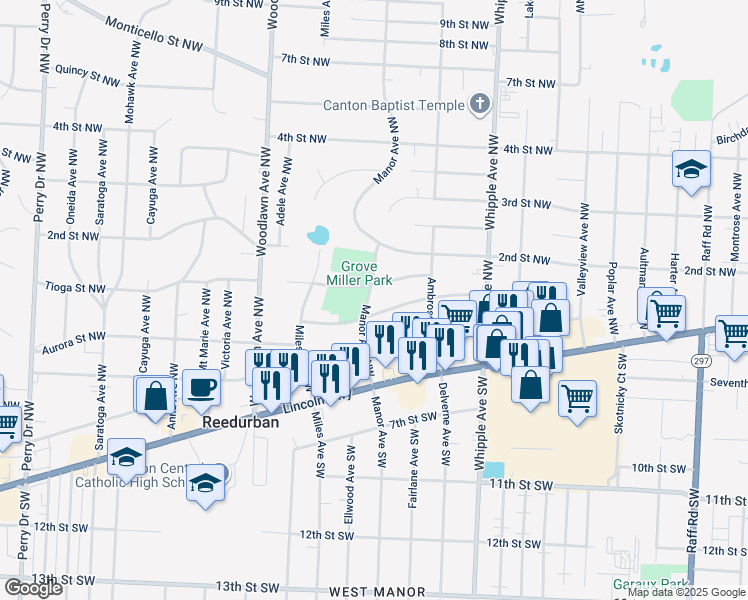 map of restaurants, bars, coffee shops, grocery stores, and more near 148 Manor Avenue Northwest in Canton