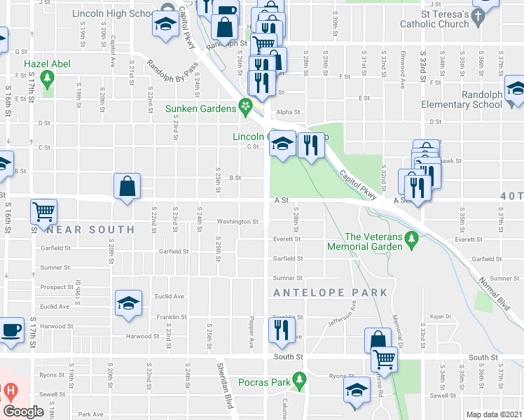 map of restaurants, bars, coffee shops, grocery stores, and more near 1421 South 27th Street in Lincoln