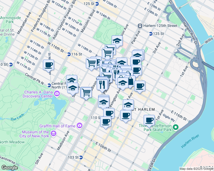 map of restaurants, bars, coffee shops, grocery stores, and more near 1607 Park Avenue in New York