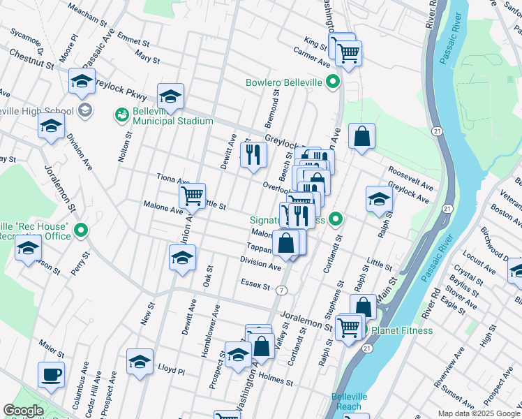 map of restaurants, bars, coffee shops, grocery stores, and more near 128 Linden Avenue in Belleville