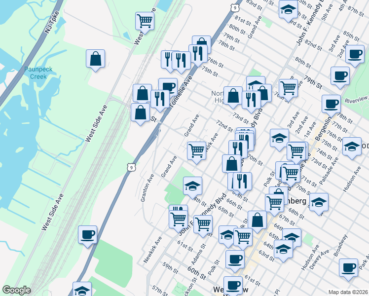 map of restaurants, bars, coffee shops, grocery stores, and more near 1461A 68th Street in North Bergen