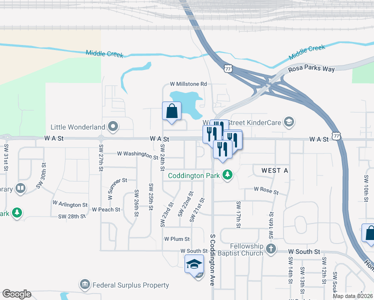 map of restaurants, bars, coffee shops, grocery stores, and more near 1424 Southwest 23rd Street in Lincoln