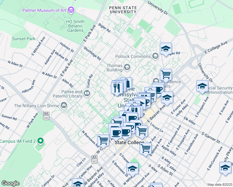 map of restaurants, bars, coffee shops, grocery stores, and more near Pollock Road in State College
