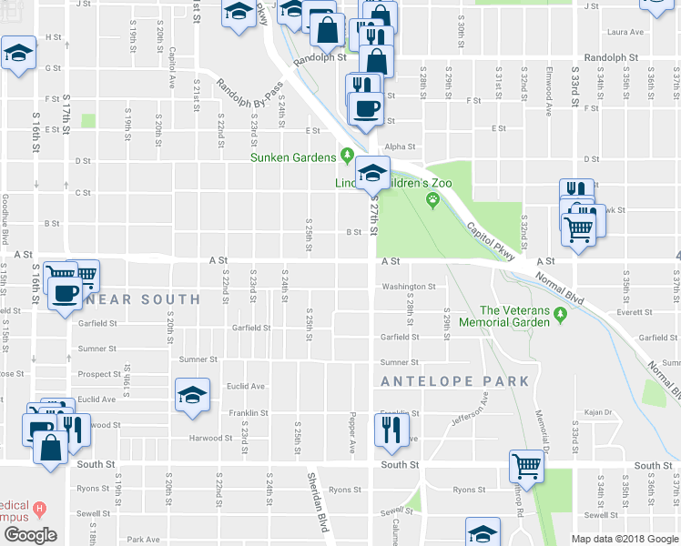 map of restaurants, bars, coffee shops, grocery stores, and more near 1418 South 26th Street in Lincoln