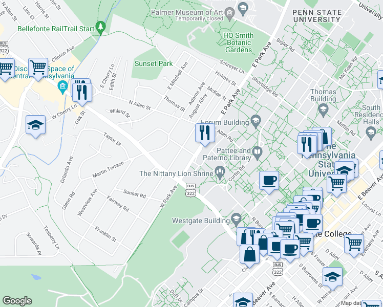 map of restaurants, bars, coffee shops, grocery stores, and more near 524 North Burrowes Street in State College